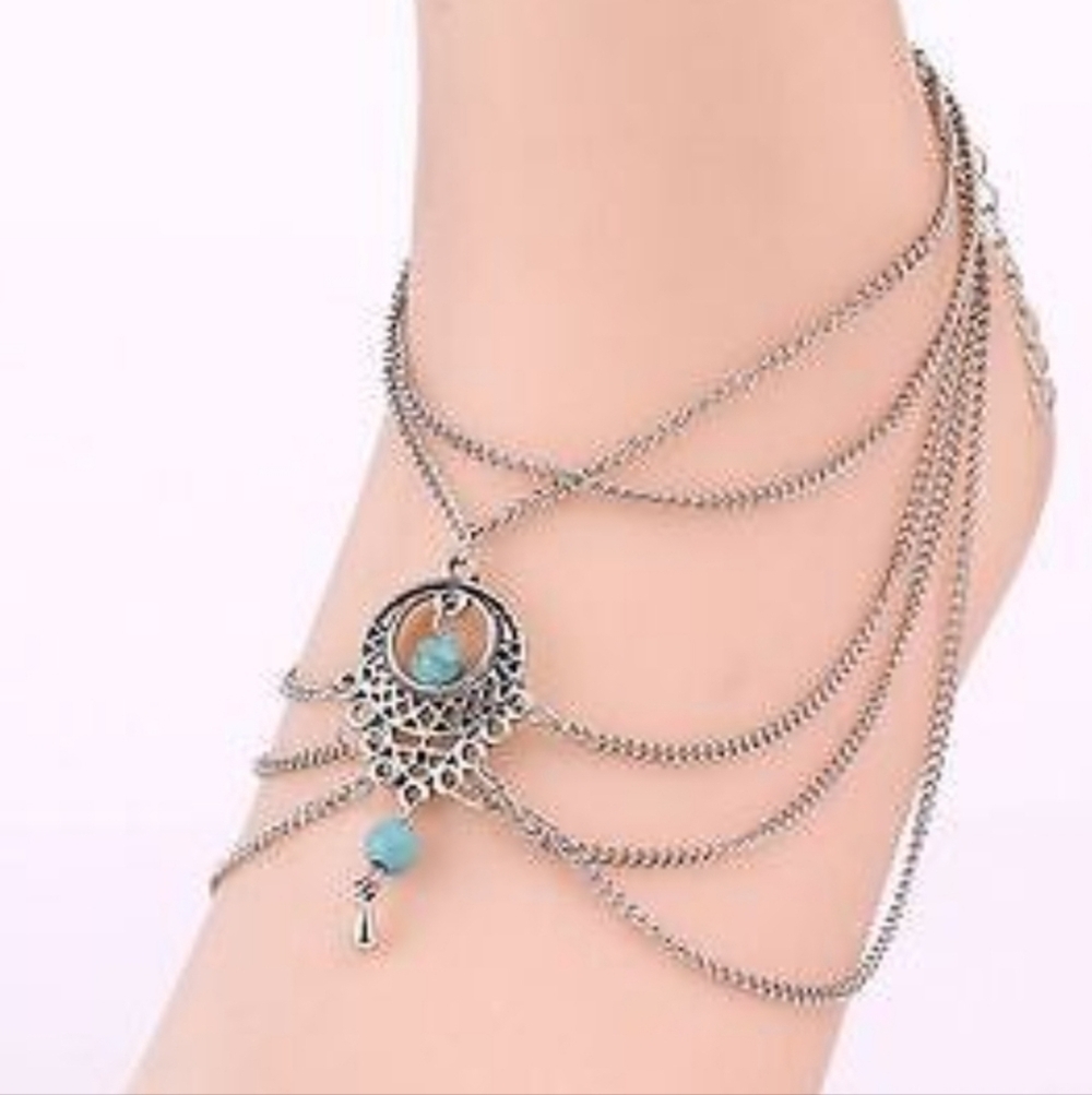 Silver Tone Anklet & Foot 8" + 2" Ext Bracelet Turquoise